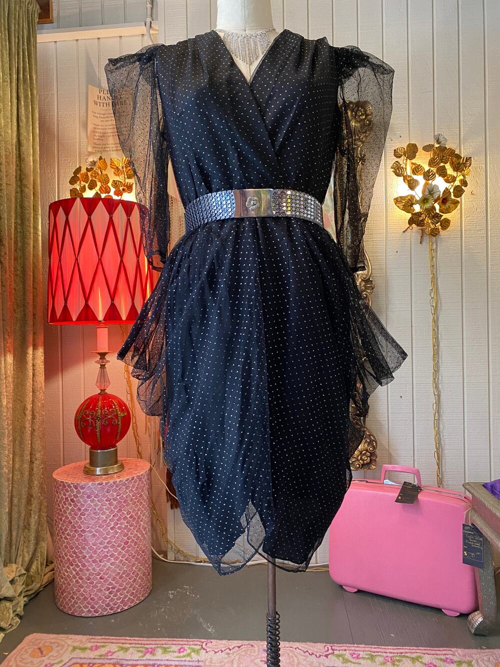 vintage 1980s sheer net glitter dress, avant garde 80s fashion, draped puff med